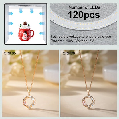 TzezFoz 12x12inch Portable Photo Studio Light Box,Folding Ring Light Box with 3 Modes & 6 Backdrops, Photography Light Tent USB Powered Lighting Tent for Jewelry/Accessories