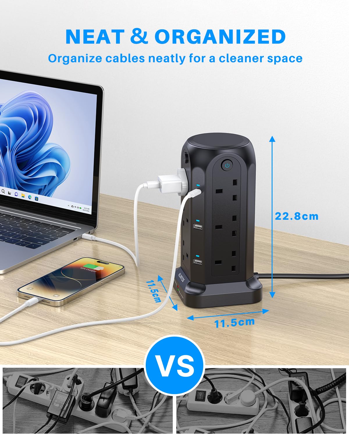 Tower Extension Lead 2M, 12 Way Extension Tower with 6 USB Slots (2 Type C & 4 USB A), [13A 3250W]Surge Protection Extension Lead with 4 Independent Switches, Multi Plug Extension for Home, Office