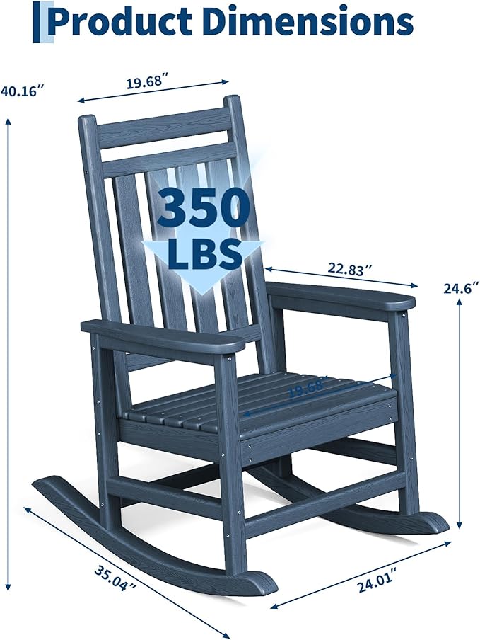 HDPE Rocking Chair Outdoor Set of 4 - Poly High Back Porch Rocker Chairs for Adults - All Weather Resistant Furniture for Patio Front Porch - Navy Blue