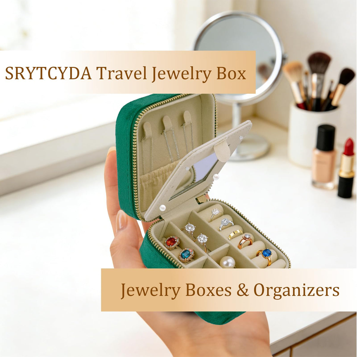 SRYTCYDA 4PC Travel Jewelry Box, 3.93" × 3.93" Portable Small Velvet Jewlery Organizers and Storage with Mirror, Travel Jewellery Case Gift for Women for Stud Earrings, Rings, Necklaces (Dark green)