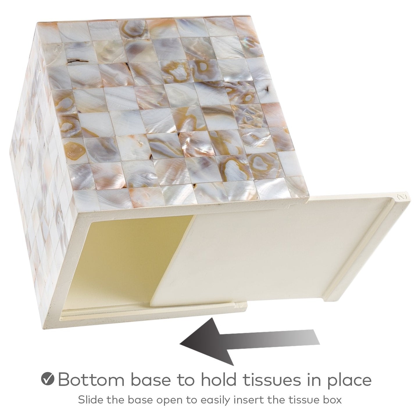Milano Tissue Box Cover Square – Decorative Tissue Holder for Bathroom - Beautiful Natural Mother of Pearl Capiz Shells Tissue Box Holder - Cube Tissue Box Cover with Durable Bottom Slider