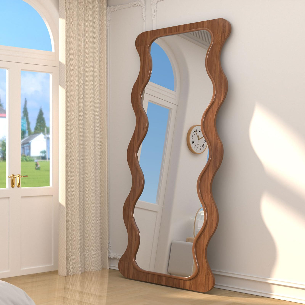 OUSIMY 65" x 24" Wavy Full Length Mirror Wood Framed, Hanging or Leaning for Bedroom Dressing Living Room