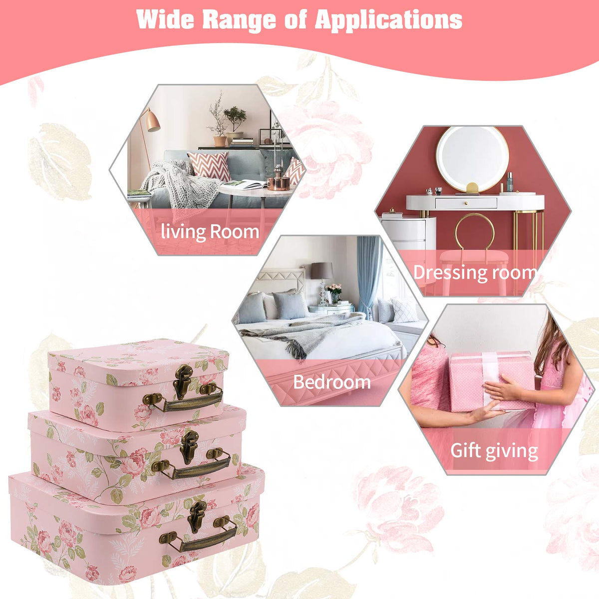Anndason Set of 3 Paperboard Suitcases Storage Box Storage Gift Boxes With Lids for Photo Storage Home Decoration, Wedding, Birthday, Anniversary and New Year Gift Decoration (3Pcs, Pink Flowers)