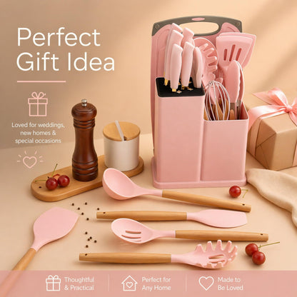 19-Piece Pink Kitchen Set for First Apartment - Complete Silicone Cooking Utensils with Wooden Handles, Pink Knife Set, Cutting Board & Holder - All-in-One Kitchen Starter Kit for New Home, BPA-Free