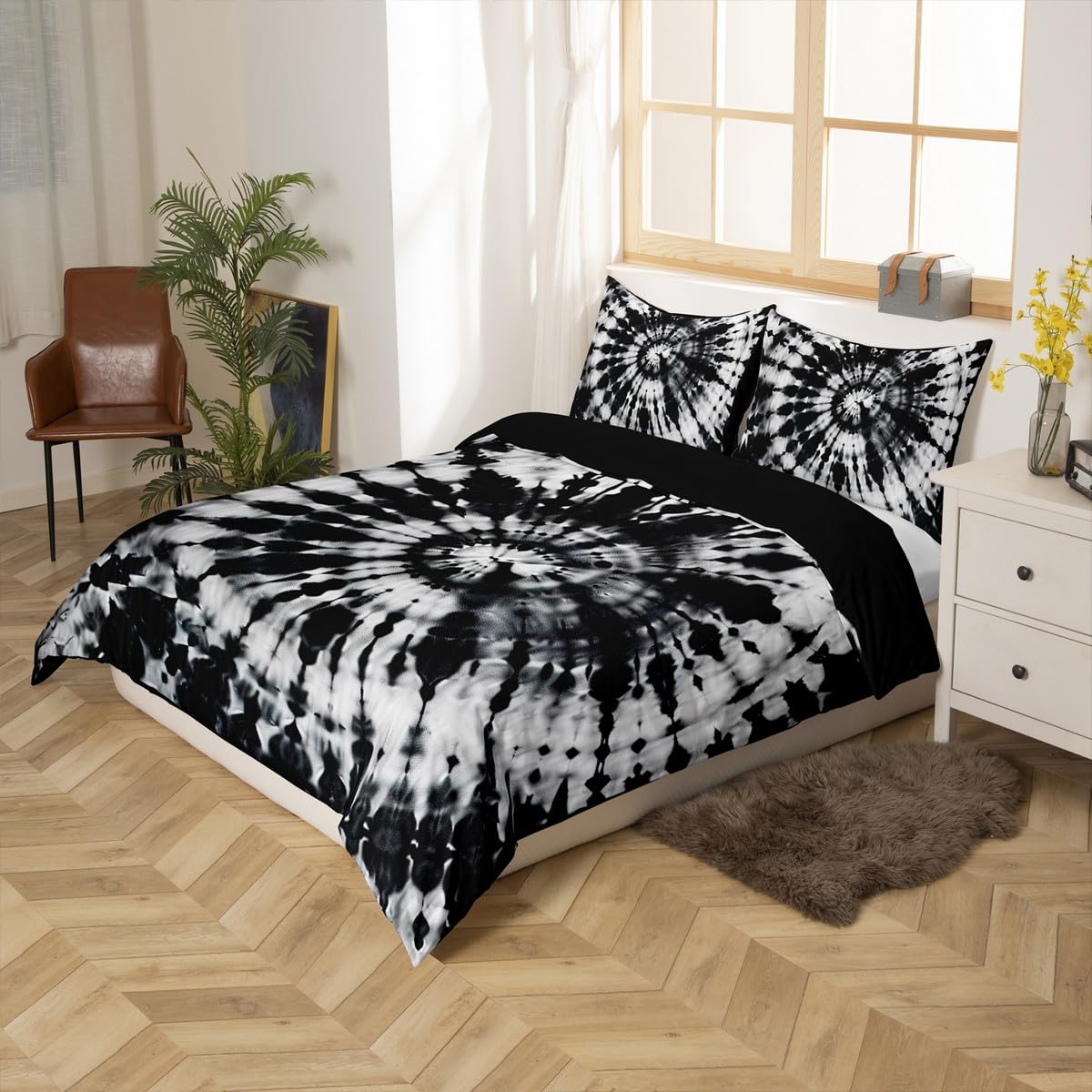 Tie-Dye Bedding Set Adult Women Black Abstract Swirl Hippie Theme Comforter Cover Spiral Tie-Dye Decor Bedspread Hippy Bohemian Gypsy Style Duvet Cover Soft Micorfiber Quilt Cover, Full Size