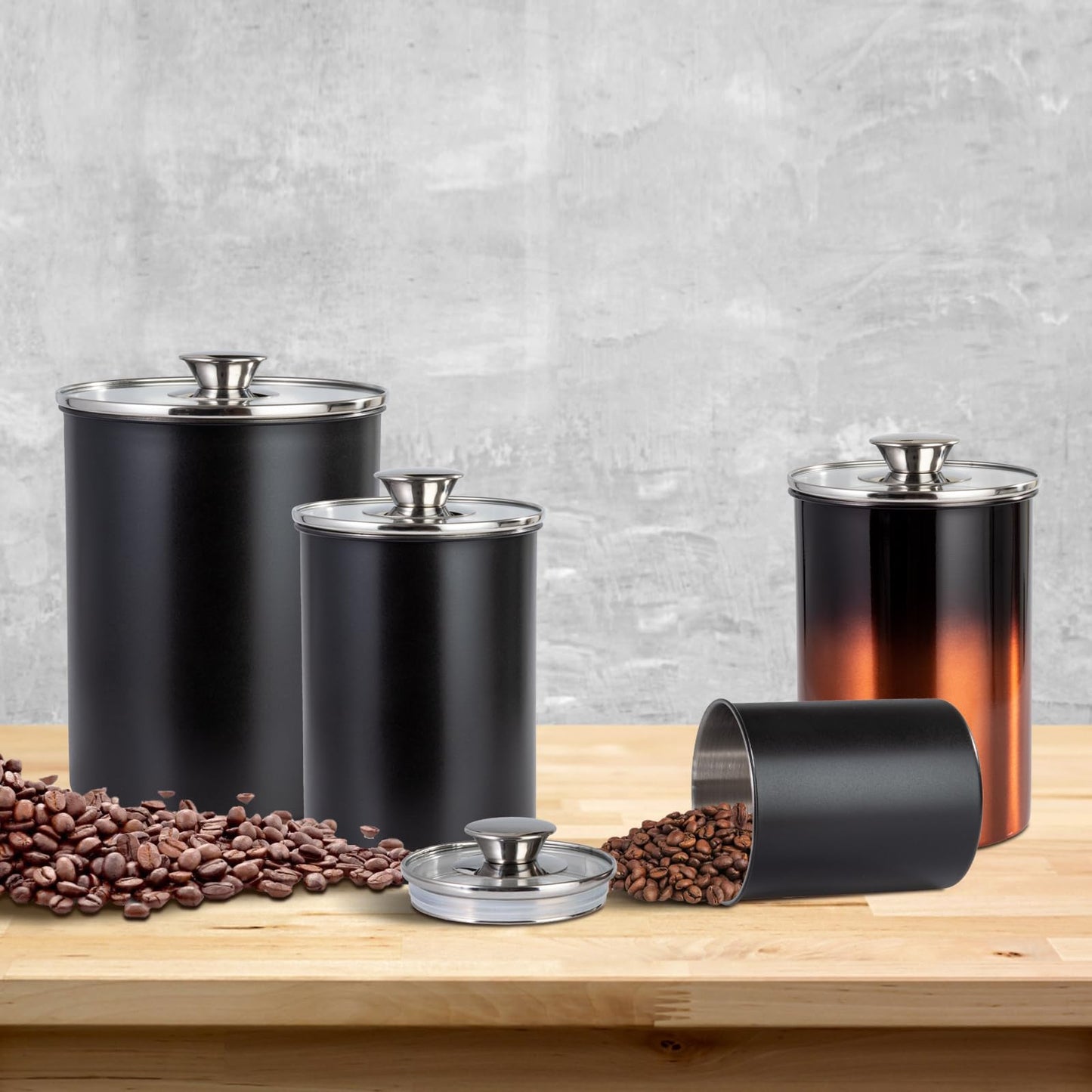 malmo Stainless Steel Food Canister Set of 4-Piece, 16/49/85/132 Ounces,Airtight Containers with Glass Lid for Tea,Coffee,Sugar,Flour,Pantry Kitchen Storage Storeroom Counter (Black)