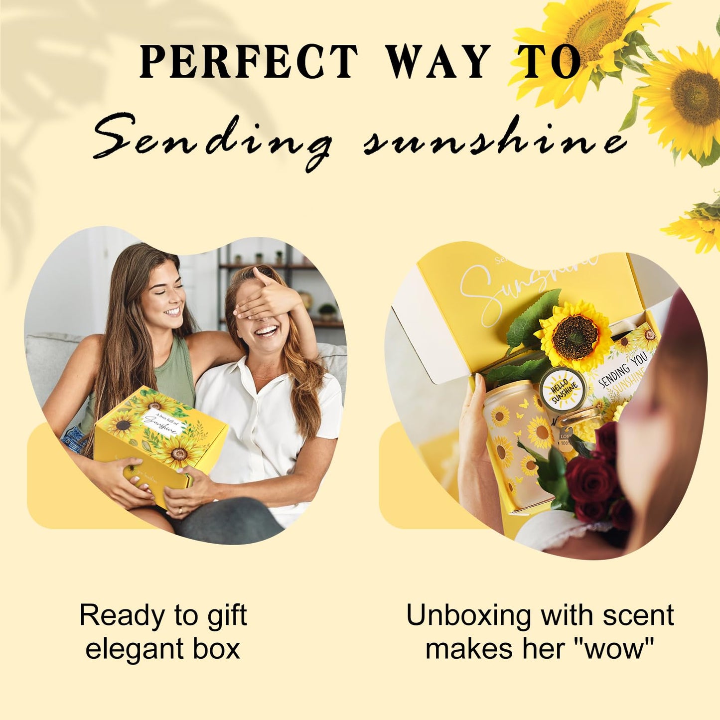 Birthday Gifts for Women Sunflower Gifts Get Well Soon, Sending Sunshine Gift Baskets, Self Care Spa Gift for Women Her Mom Best Friends Sister, Thank You Christmas Day w/Glass Cup