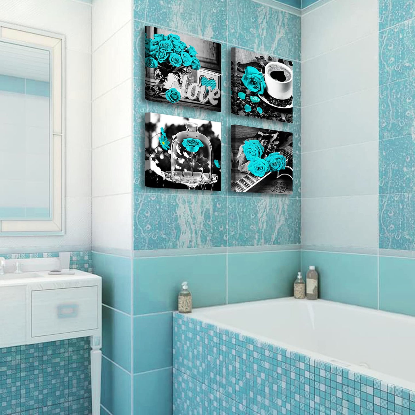 Teal Rose Wall Art Bedroom Decor Canvas Print Turquoise Flowers Pictures for Living Room Kitchen Accessories Artwork Framed 12" W x 12" H 4 Pieces