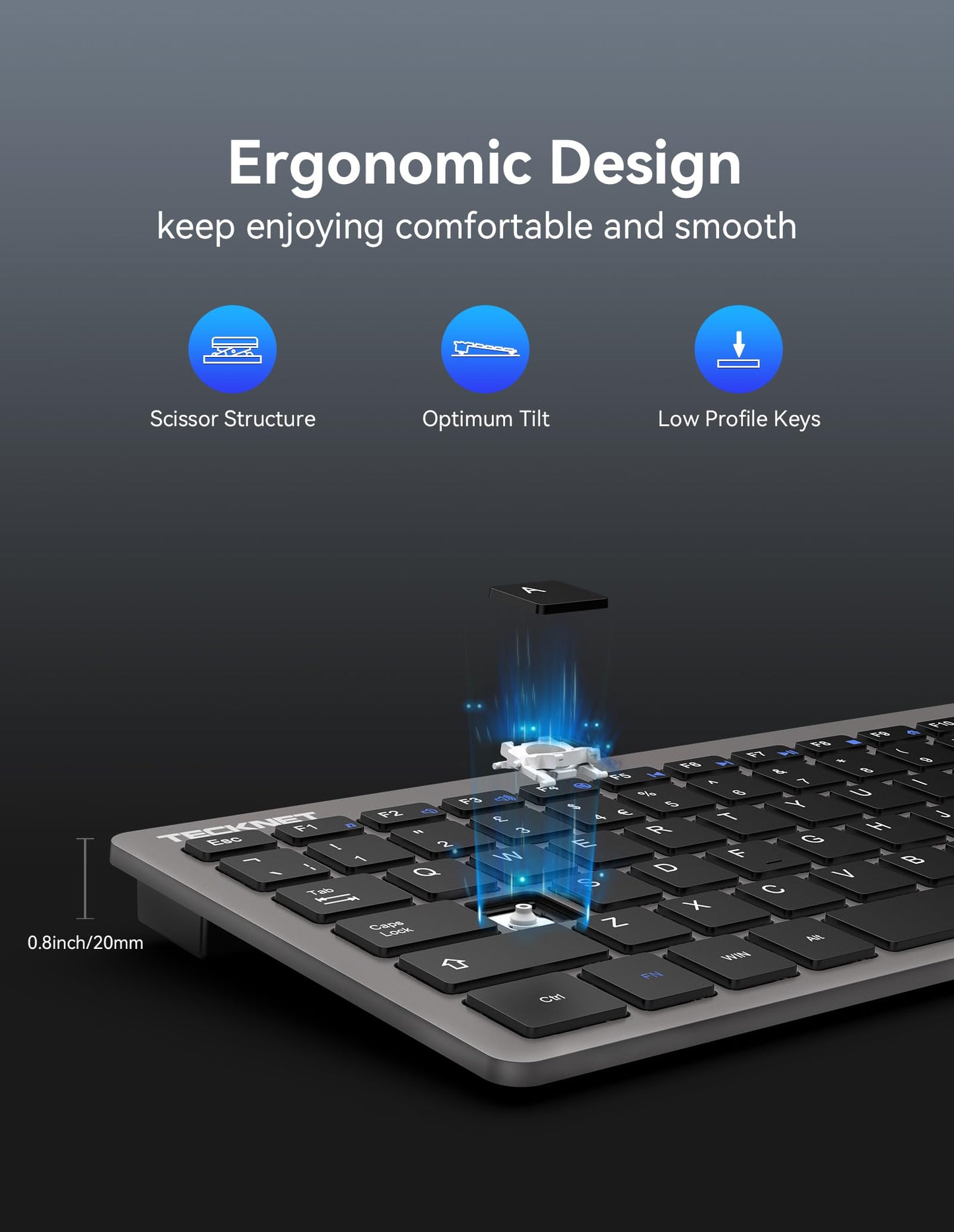 TECKNET 2.4G Wireless Keyboard, Small Keyboards with Media Hotkeys, Ultra Slim Compact Wireless Keyboard, 12-Month Battery Life, Compatible with PC, Desktop, Laptop, Smart TV - Grey