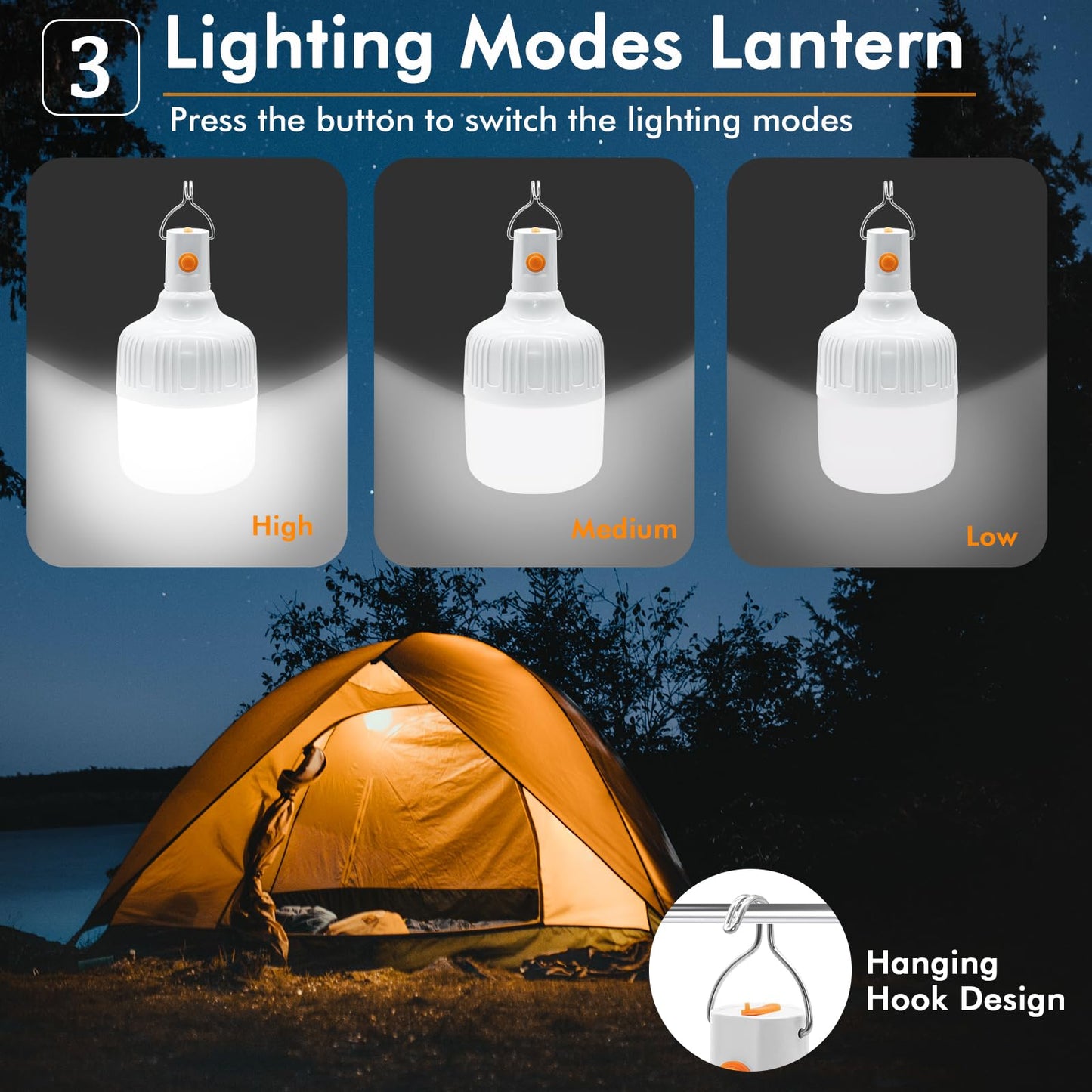 Ledeak 2 Pcs Camping Light, LED USB Rechargeable Camping Lantern Battery Powered Outdoor Tent Lamp with Hanging Hook, Dimmable 3 Modes Portable Light Bulb for Emergency Camping Patio Garden Gazebo