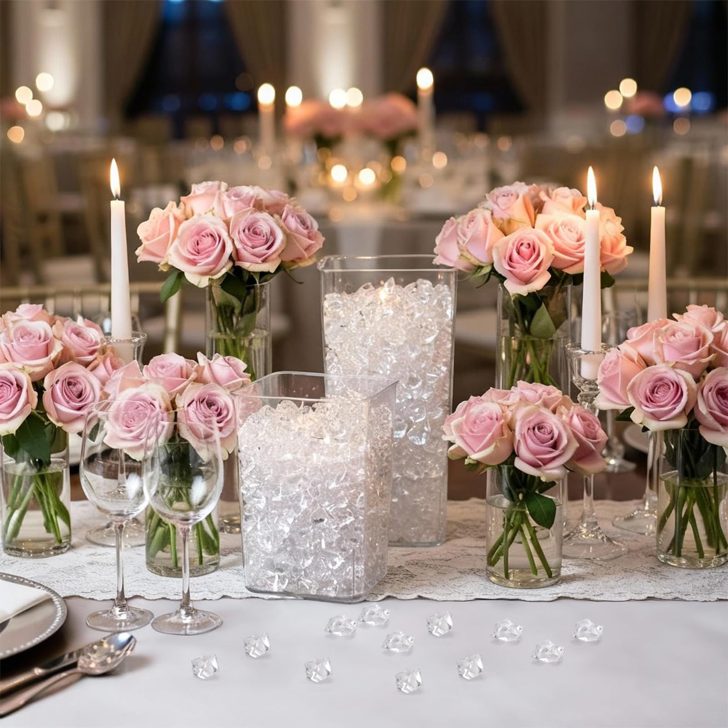 Jucoan 1000 PCS Fake Ice Cubes, 4.5 lbs 1 Inch Irregular Acrylic Crushed Ice Rocks Vase Fillers for 2-3 Quart Vase, Artificial Crystals Diamond Gems for Table Scatters, Wedding Party Centerpieces