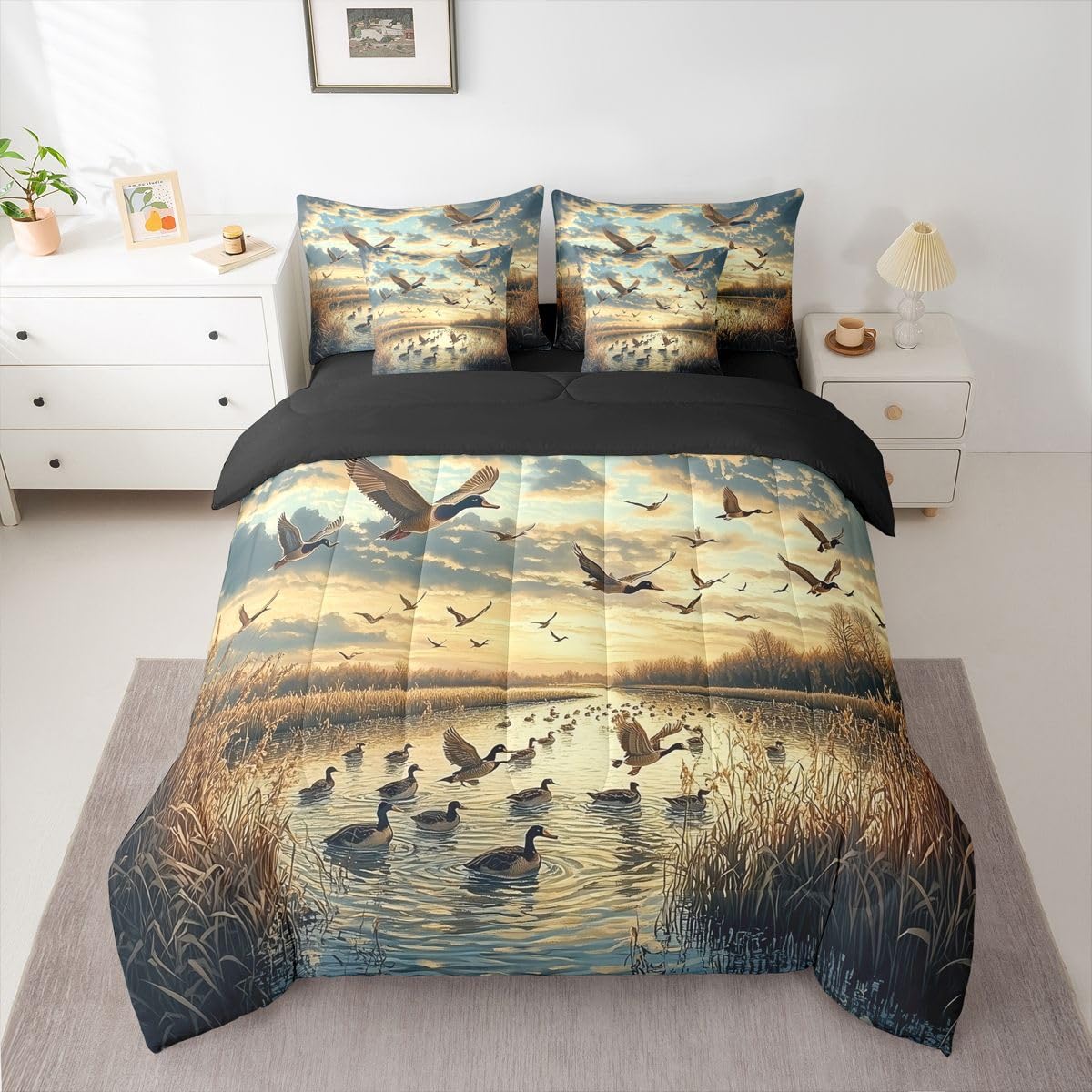 Erosebridal Sunrise 7 Piece Bedding Set Queen Wild Ducks Comforter Set with Sheets Reeds River Flying Mallards Clouds Bed in a Bag Trees Animals Print Landscape for Teens Men Women