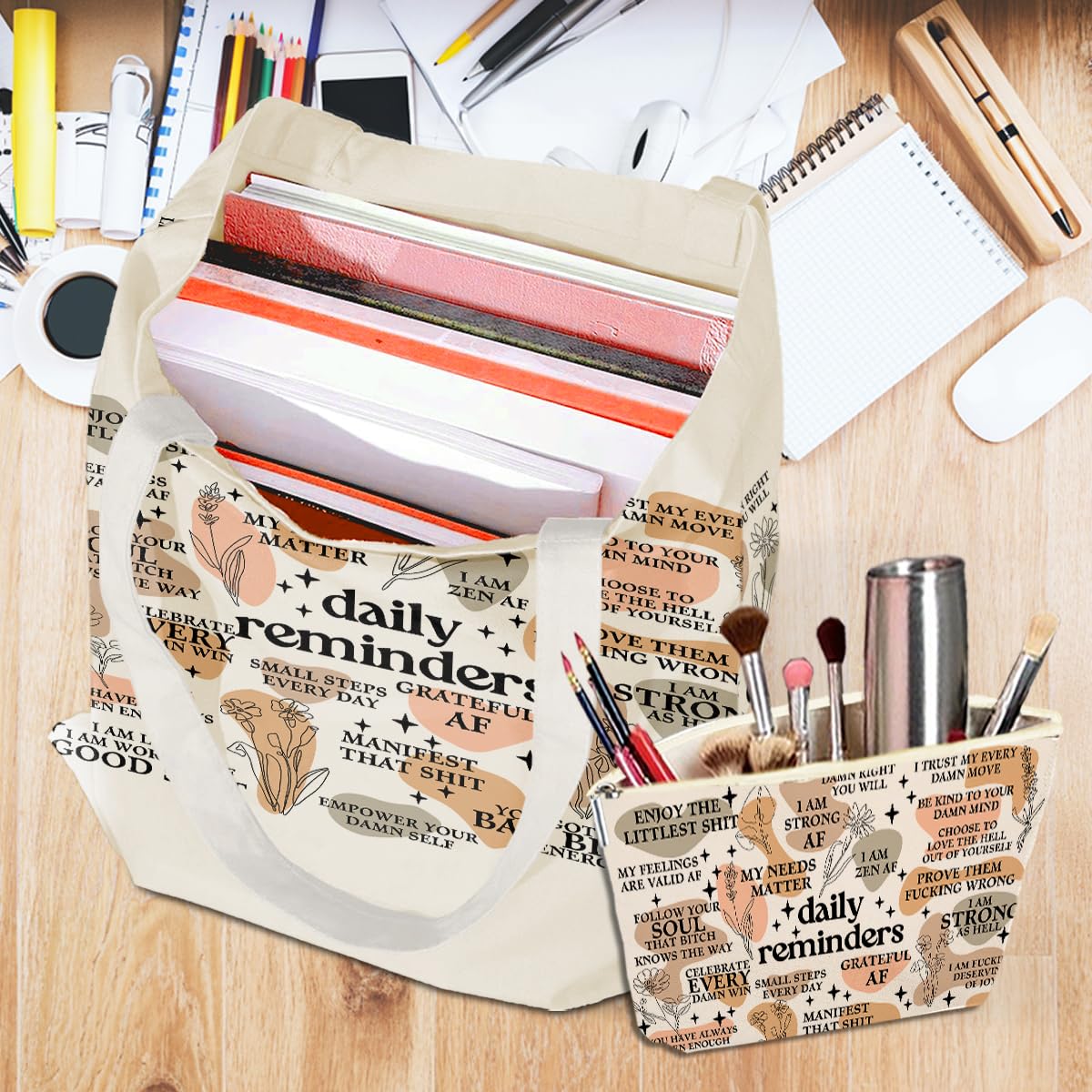 Daily Reminders for Women 2PCS Makeup Cosmetic Bag Canvas Tote Bag for Beach Shopping Work Office Self Love Gifts Inspirational Mental Health Gifts for Female Friend Colleagues Birthday Christmas