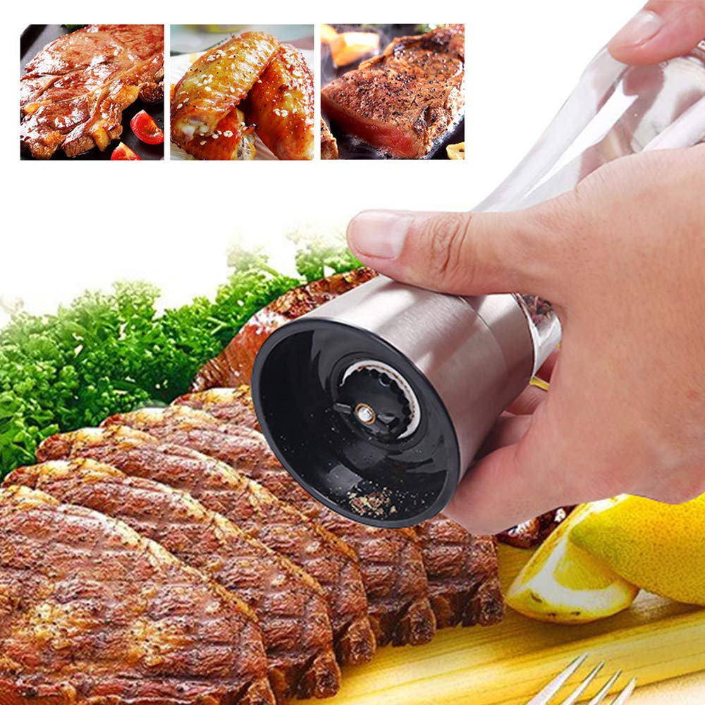 Salt and Pepper Grinder Set, 2-Piece Set, Stainless Steel Material, Adjustable Granularity, Sea Salt Grinder and Pepper Grinder Can Be Refilled, With Stand and Cleaning Brush