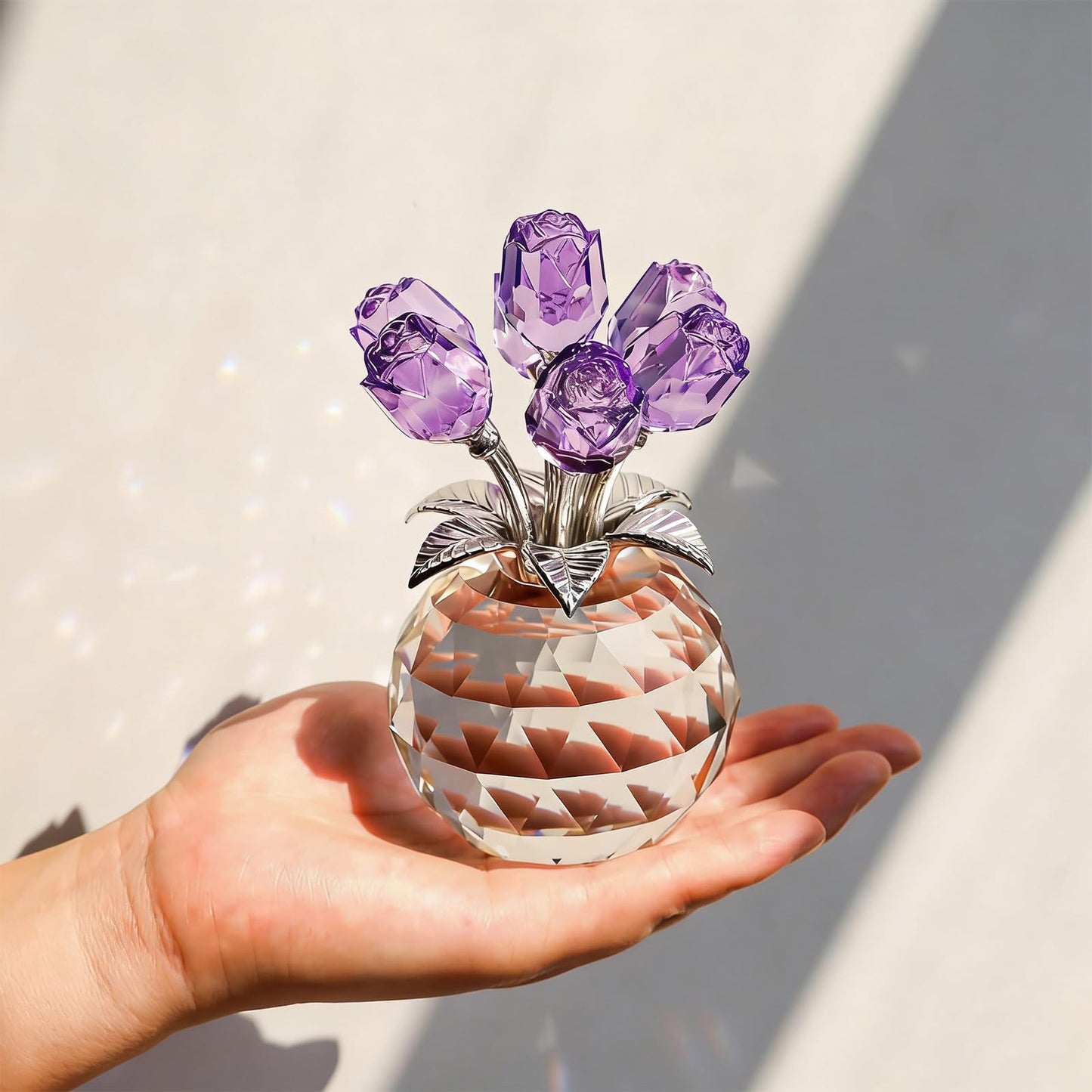 FINGHU Figurine Crystal Purple Rose Flower Collectible Figurine, Rose Gift for Women Glass Flower Statues Decor Valentine's Day Mother's Day Thanksgiving Anniversary and Birthday Gifts