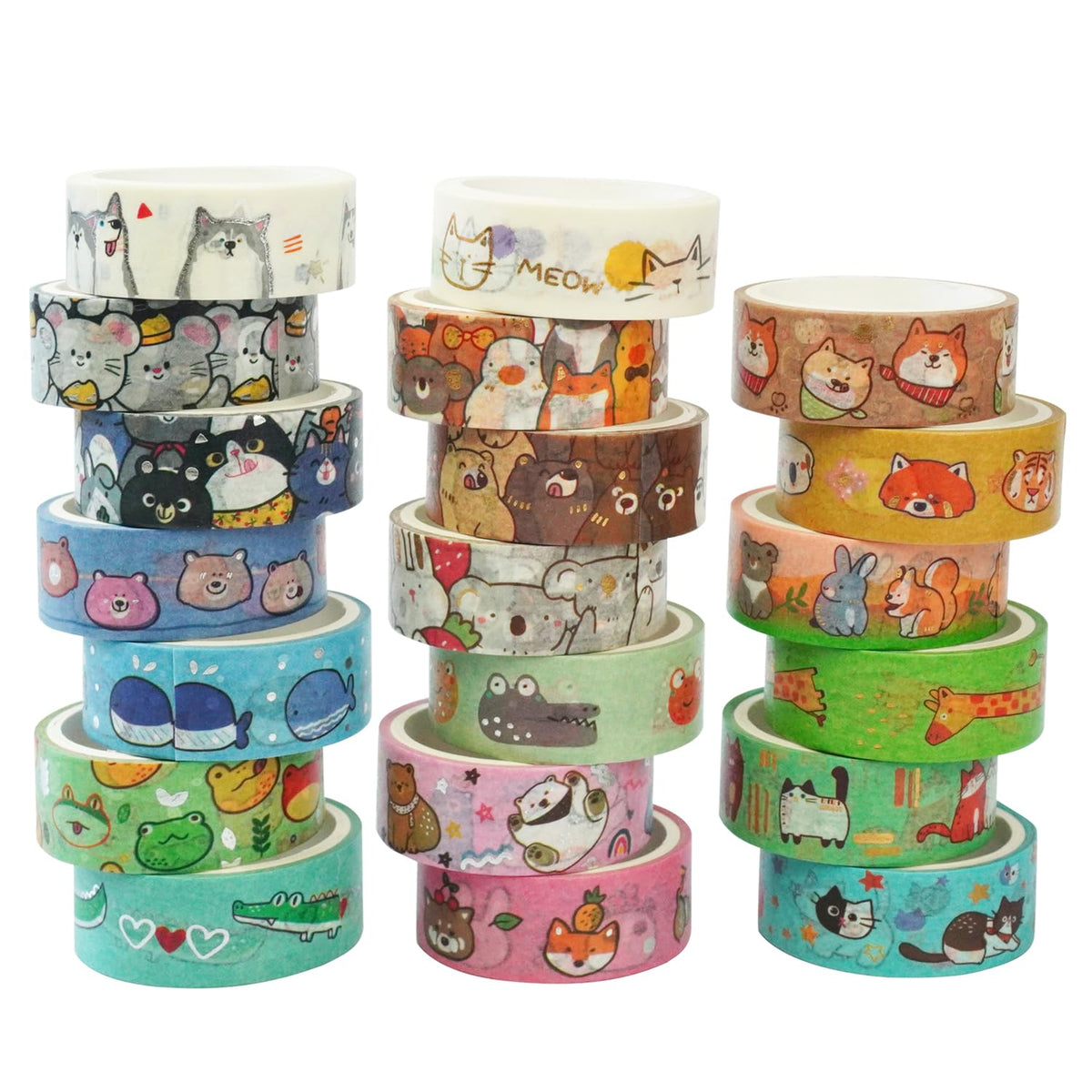 Baijixin 20 Rolls Cute Animals Washi Tape Set, Gold Silver Foil Cartoon Pets Decorative Tape for Bullet Journal, Planner, DIY Arts Crafts, Scrapbooking, Holiday Decoration