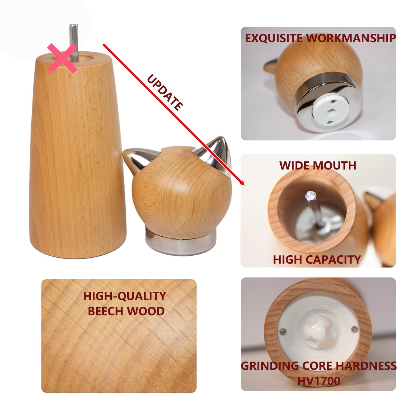 Hoivvy Manual Pepper Mill & Salt Grinder - Wood Adjustable Refillable Pepper Mill for Cat Lovers,Cute Kitchen Gift &Kitchen Counter Decor(7.6" Height)