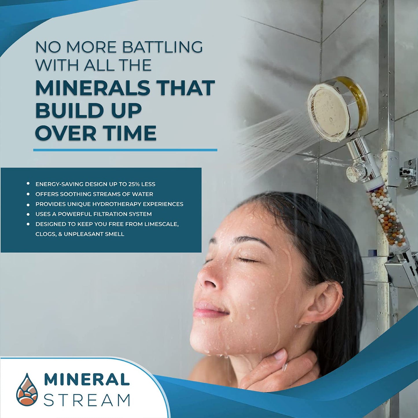 Turbo High Pressure Handheld Shower Head by MineralStream with Mineral Stones for Filtration | Perfect for Dry Hair & Skin | 360 Degree Spin Showerhead for Spa like Experience at Home
