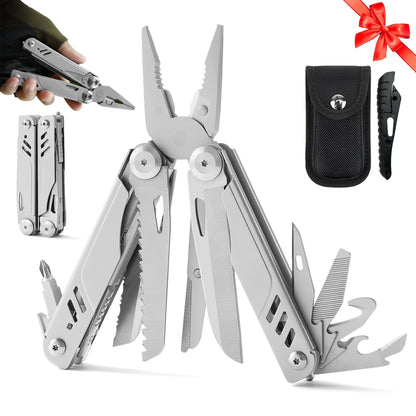 Elvesoar 21-in-1 Stainless Steel Multitool, Self-Locking EDC Multi Tool with Needle Nose Pliers, Pocket Knife, 2 Screwdriver Bits, Saw, Sheath & Fire Starter - 10.3oz, Camping Gifts for Men