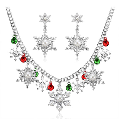 NLCAC Christmas Necklace Pearl Snowflake Collar Necklace with Snowflake Drop Earrings Santa Holiday Novelty Jewelry for Women (Pearl Snowflake)