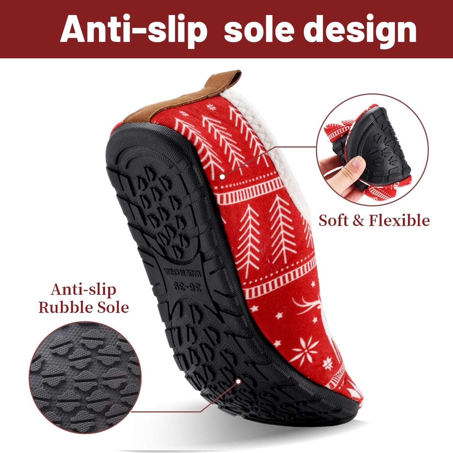 Ibeauti Womens Mens House Slippers Rubber Sole Indoor Slipper Socks Lightweight Fleece Lined Slip-on Barefoot Slippers (Red-Christmas, Adult, Women, Numeric Range, Medium, 8.5, 9.5)