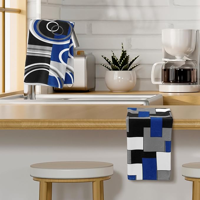 Boyiee Set of 6 Black Gray Blue Kitchen Towels Modern Geometric Dish Hand