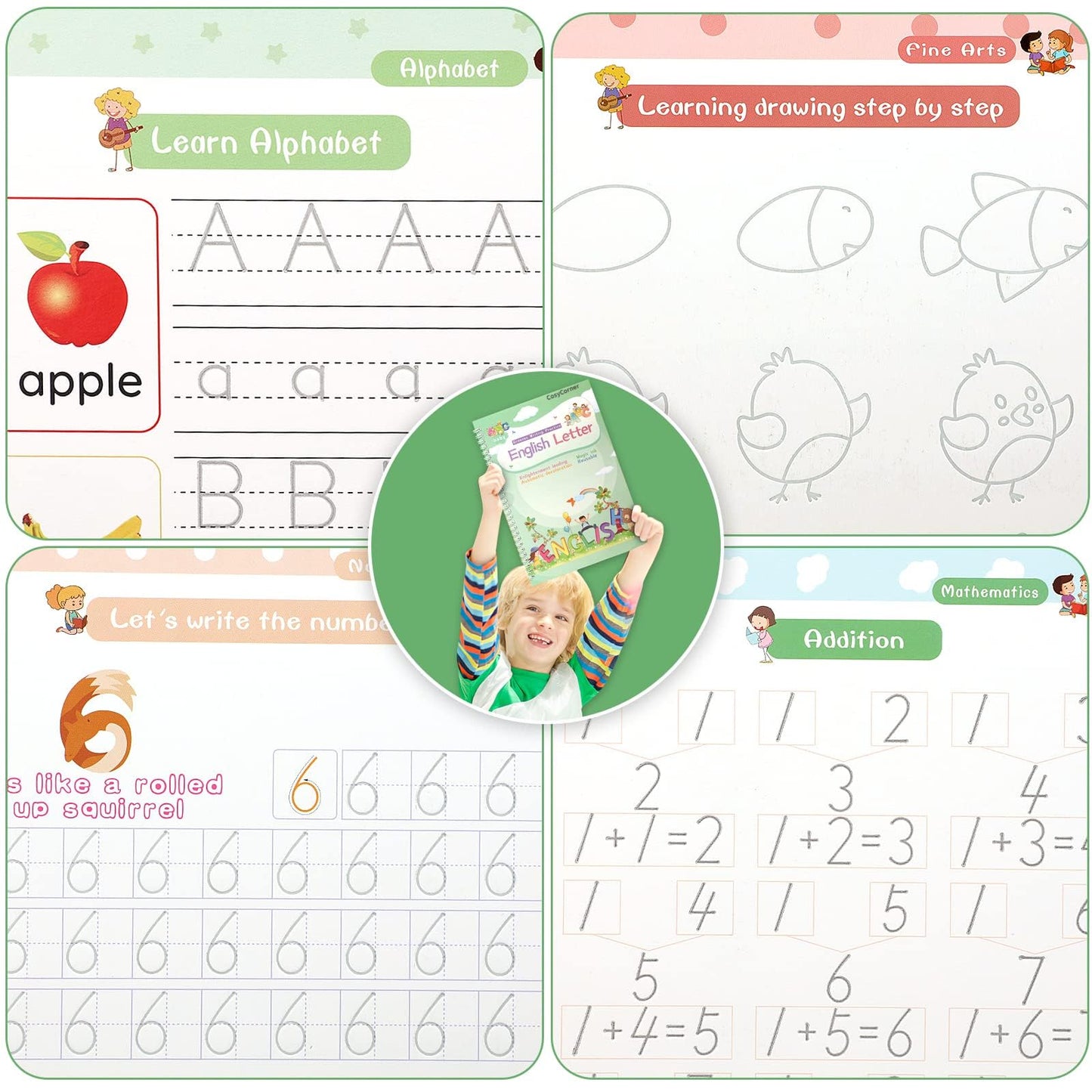 Magical Handwriting Workbooks Practice Copybook, Aid Magic Pen Reusable Grooves Template Design for Children (4 Books, 10.2×7.2 in)