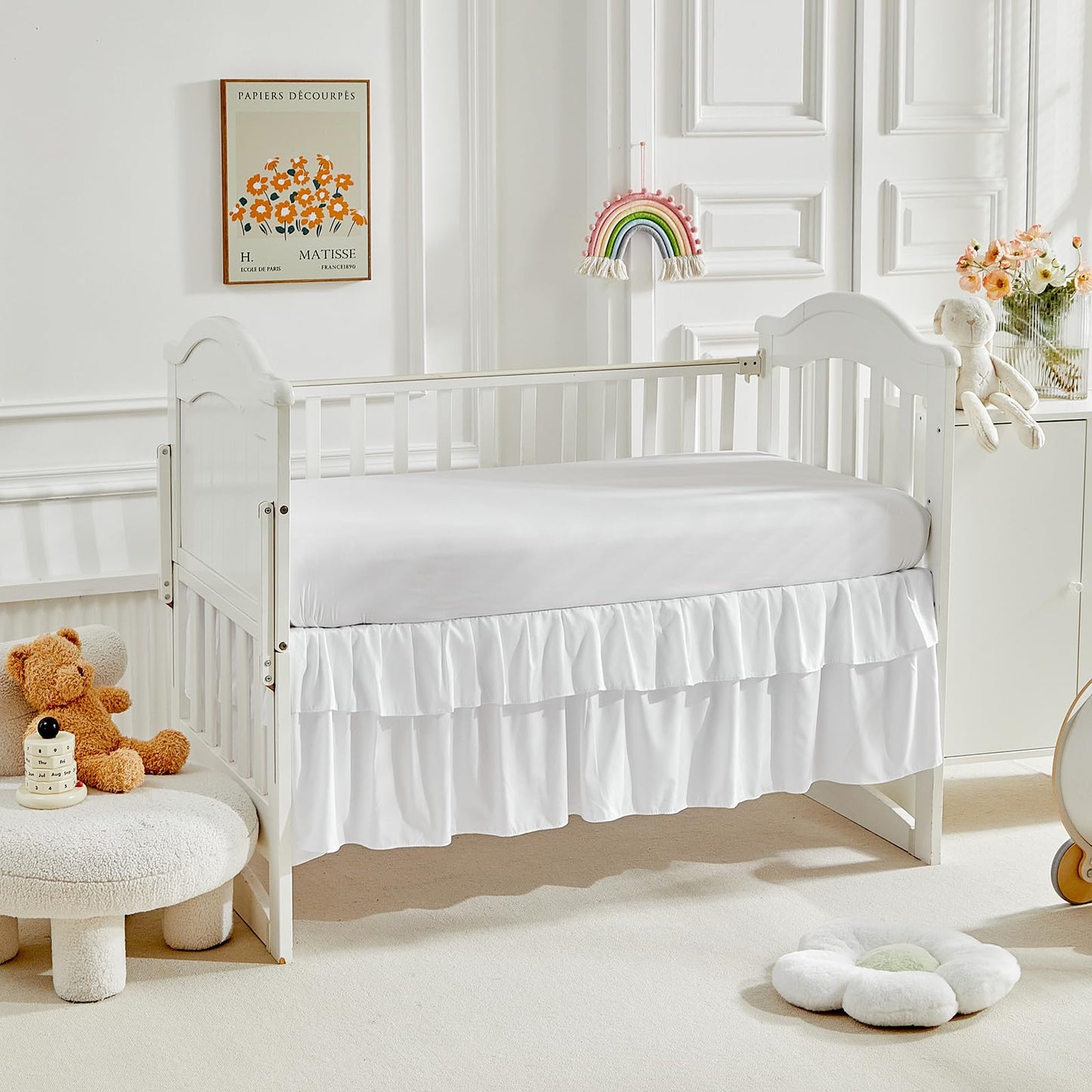 3 Pieces Tufted Crib Bedding Set with Ruffle Fringe, White Ruffled Comforter with Fitted Sheet and Bed Skirt , Soft and Embroidery Shabby Chic Boho Bohemian Jacquard Design for Baby Girls Boys