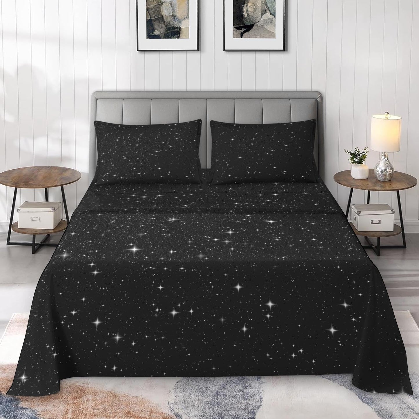 Pamnest Twin Size Bed Sheet Sets, Space Starry Deep Soft Microfiber 3 Pcs Bedding Sets for Kids and Adults Bedroom Bed Decor, Black Star Sky Flat, Fitted Sheet and Pillowcases