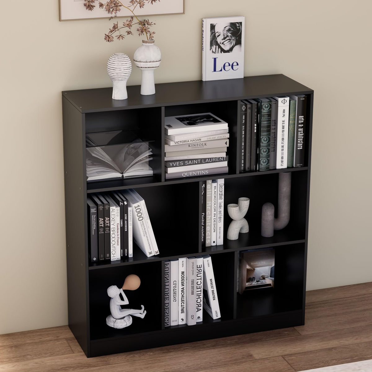 NewBeth Black Bookshelf, Wooden Bookshelf with Base, Cube Storage Organizer, Bookcase for Living Room,Bedroom,Study and Office (Black, 8-Cube)
