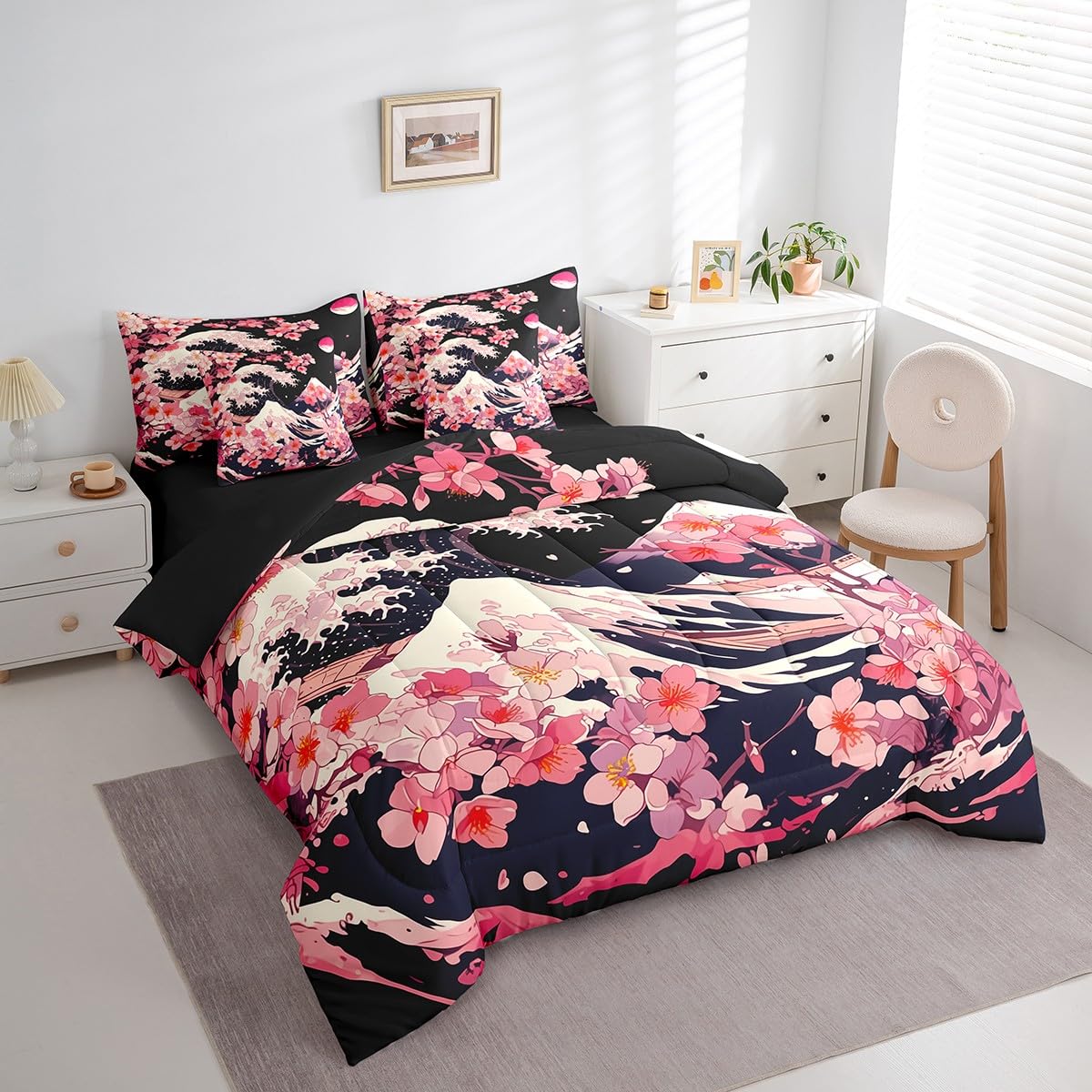 Erosebridal Pink Cherry Blossom Queen Comforter Set 7 Piece,Japanese Style Bedding Set for Girls Women Kids,Ocean Waves Bed Set Mountain Scene Bed in a Bag with Fitted Sheet,Flat Sheet,Pillowcases