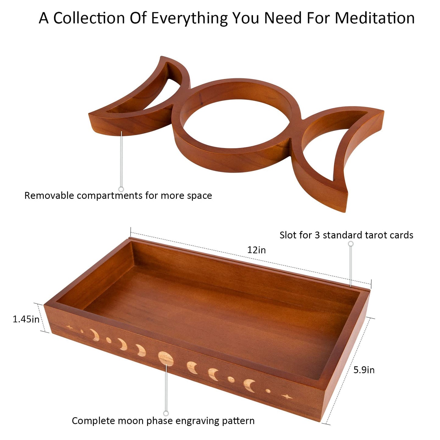 Moon Tray Crystal Holder Set, Wood Moon Phase Crystal Tray for Stones Display with Brown Tarot Card Holder, Witchcraft Crystal Organizer Bowl, Wiccan Altar Supplies