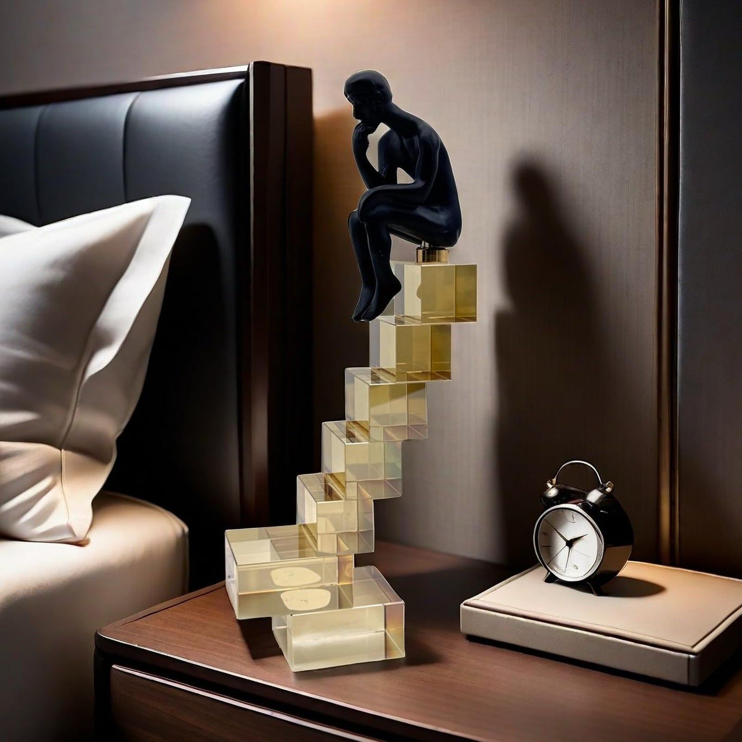 FUNSXBUG 12 Inch The Thinker Statue Thinking Man Statues Sitting on Crystal Glass Stairs Sculptures Collectible Figurine Home Decor Living Room Decoration
