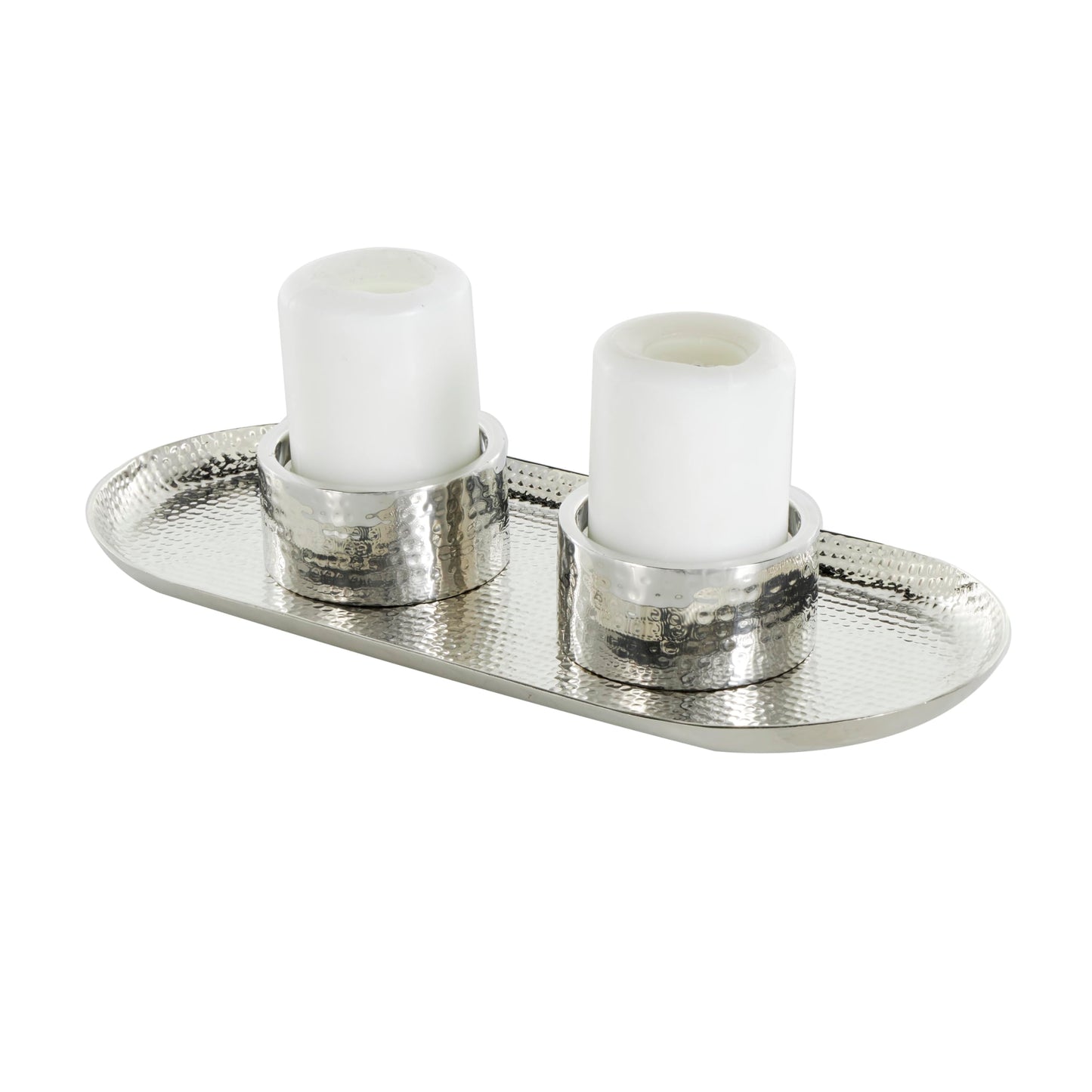 Deco 79 Stainless Steel Metal Decorative Candle Holder Hammered Candle Stand with Oval Tray Plate, Candlestick Holder 16" x 7" x 2", Silver