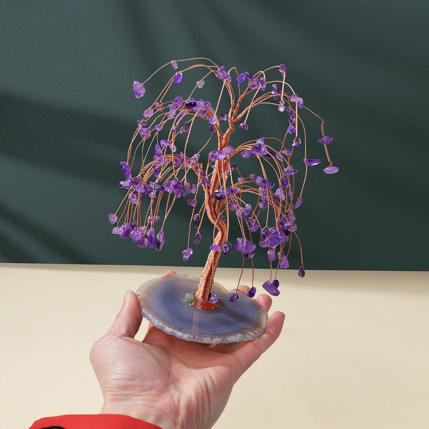 Runyangshi Natural Amethyst Crystal Tree of Life Handmade with Copper Wire - 7-8" Healing Crystals Gemstone Willow Tree Geode Agate Slices Base for Home Decor, Feng Shui Gifts, Office Desk Ornament