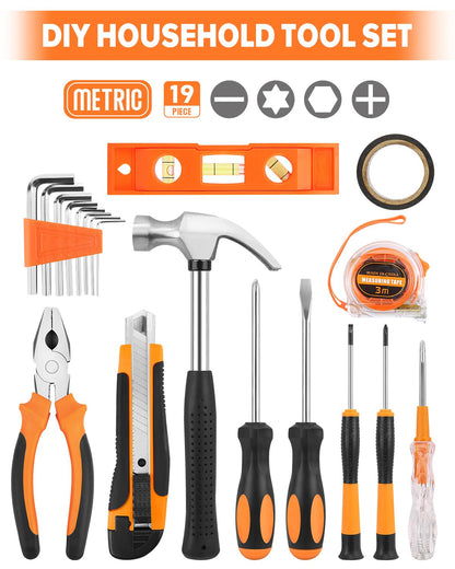 19pcs Household DIY Tool Set, Basic Tools for Home, Office, Dorm, General Hand Kit with Storage Case