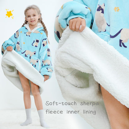 Kipswiza Siamese Cat Wearable Blanket Hoodie for Kids - Oversized Sherpa Fleece Hooded Sweatshirt, Cozy Gift for Girls Boys 6-13 (4'3"-4'11"), Cat Print, Light Blue