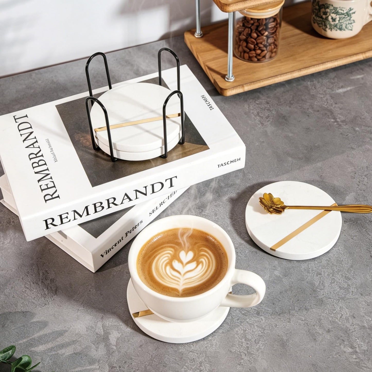 LiWiBet White Marble Coasters for Drinks with Holder Set of 4, Round Stone Coasters 3.94 Inches Elegant for Home Bar & Coffee Table Accessories Office Kitchen & Dining, Home Decor & Protection