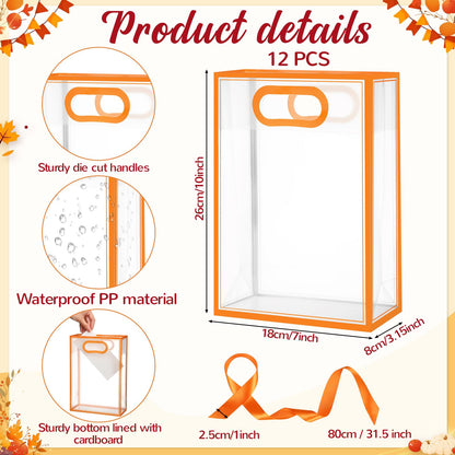 Aliceset 12 Pcs Clear Plastic Gift Bag with Die Cut Handles Reusable PP Favor Bag with Ribbon for Wedding Bridal Birthday Baby Shower Party Small Business, 7x10x3.15 Inch(Orange)