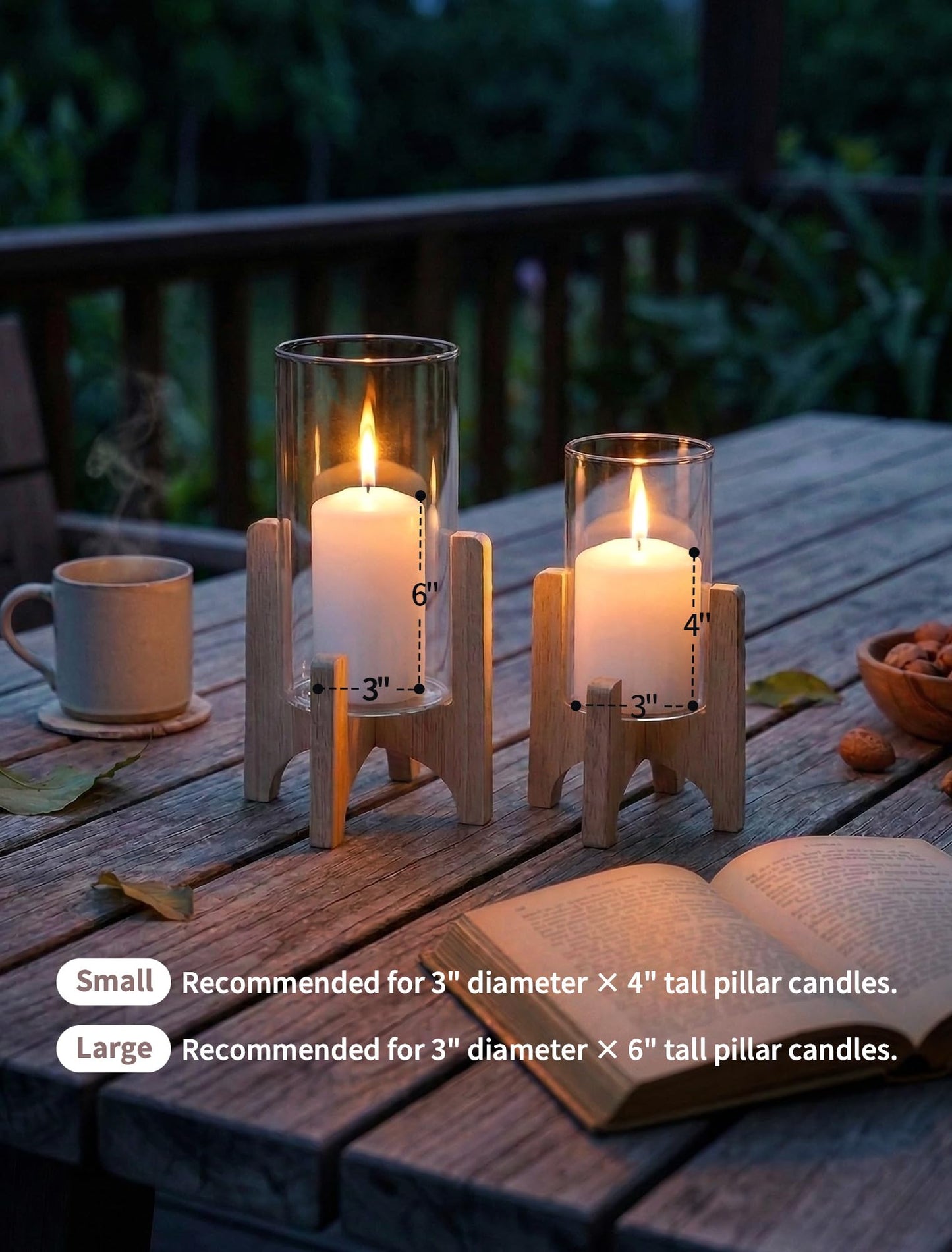 NUPTIO Hurricane Glass Candle Holders: Set of 2 Pillar Candle Holders with Wooden Stands - Mid Century Organic Modern Vases for Dining Table Centerpieces Decor