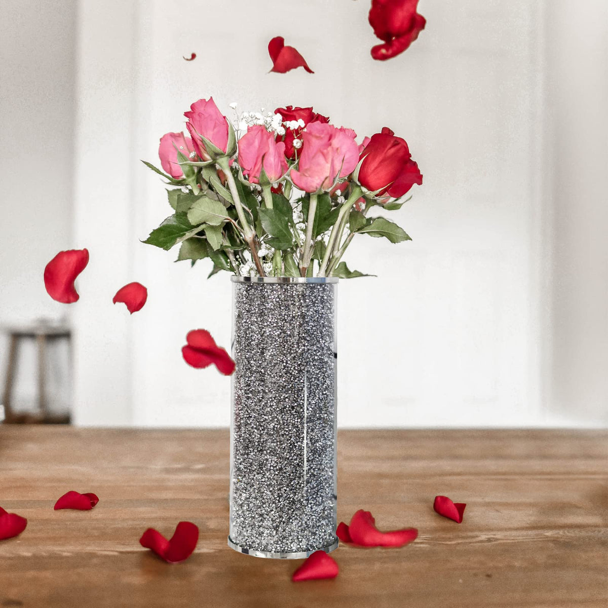 Silver Crystal Flower Vase, 10" Large Crushed Diamond Vase, Shiny Round Modern Luxury Decorative Glass Vases for Home Decor, Dining Table, Bathroom, Bedroom, Sofa Table, Wedding