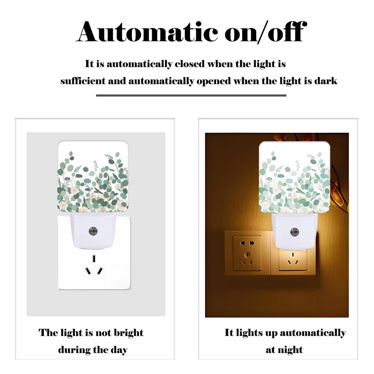 FSHVQKD Eucalyptus Branches and Roses Night Light,Plug-in Nightlights Auto Sensor Night Lamp Dusk to Dawn Lamp Home Decor for Nursery Children Girls Boys