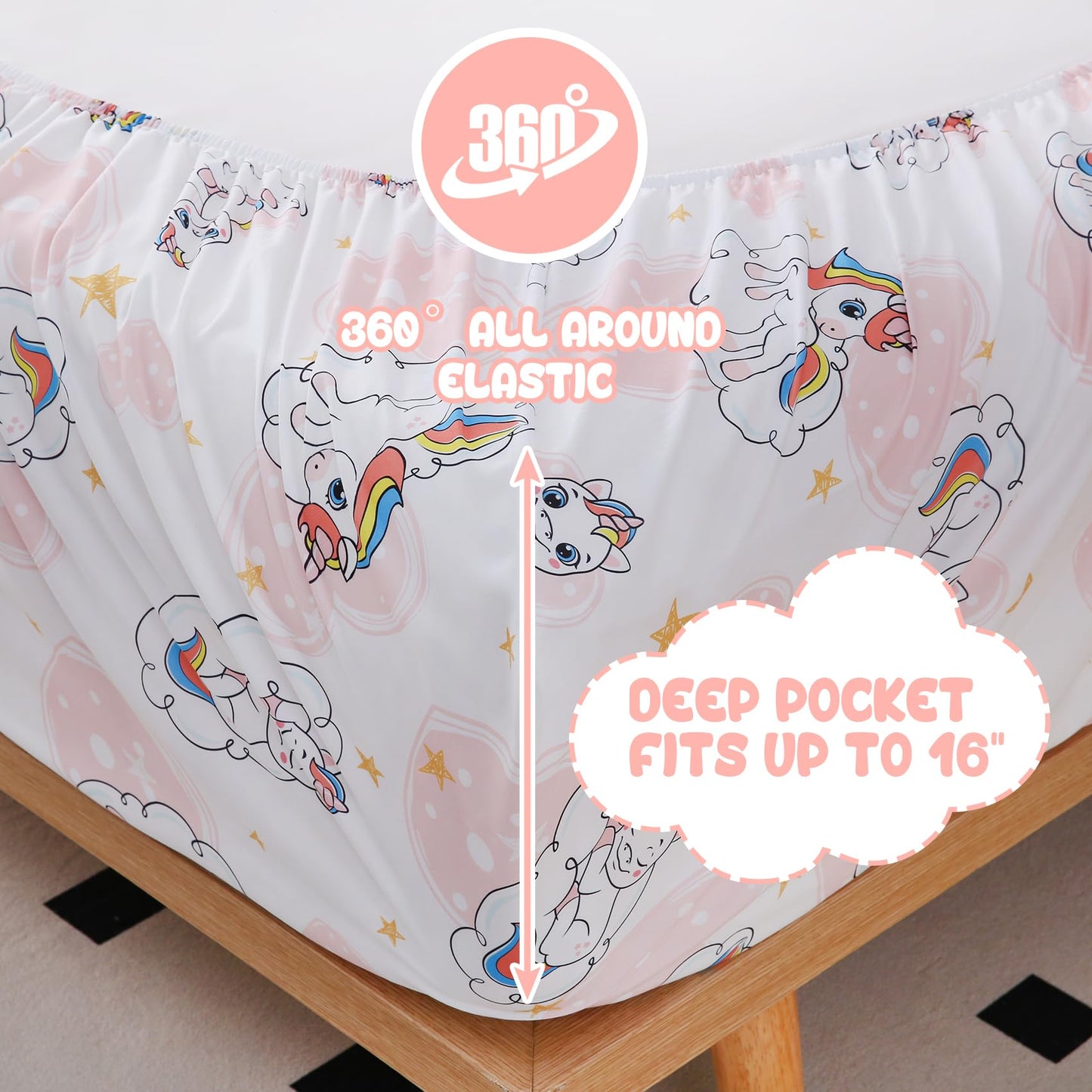 Yibeizi Full Size Sheets Set Kids, Unicorn Pattern Microfiber Double Bed Sheets, Cute Heart Soft Oeko-Tex Extra Deep Pocket Sheets & Pillowcases Cooling Hypoallergenic Wrinkle Free Bedsheets