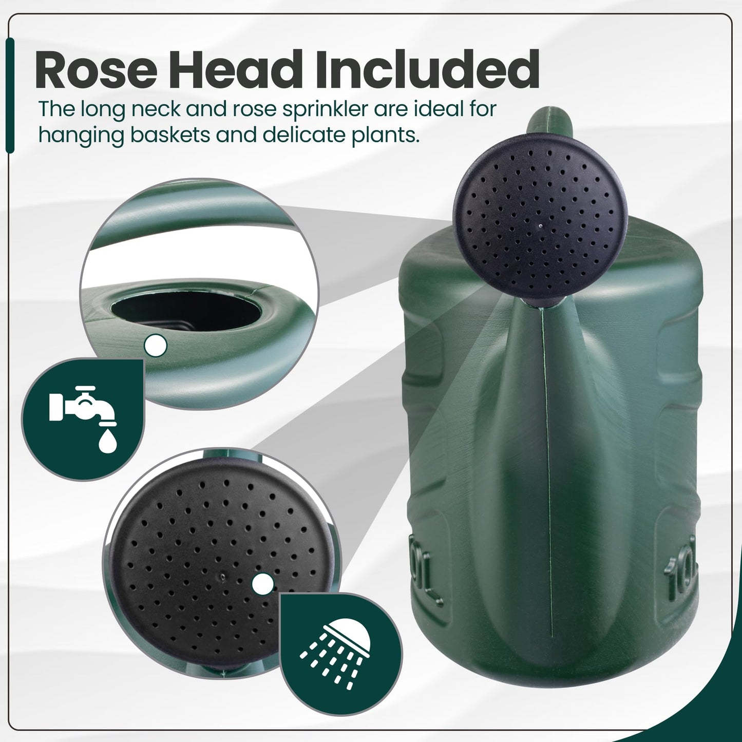 Hardys 10L Green Rose Watering Can - Outdoor & Indoor Watering Can with Detachable Sprinkler Rose Head, Long Spout Water Can for Houseplant & Garden Plants