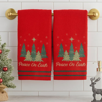 Serafina Home Christmas Hand Towels for Bathroom – Set of 2 Red 100% Cotton Embroidered Christmas Trees & “Peace On Earth” Phrase Design – 25 x 16” Decorative Holiday Bath & Kitchen Towels