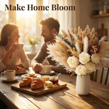 100pcs Dried Pampas Grass with Vase, Includes Artificial Silk Roses, Boho Natural Dried Flowers for Coffee Table Dining Room Home Decor Centerpiece, Farmhouse Rustic Floral Decoration for Living Room