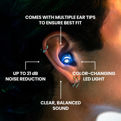 Eargasm Earlights Light Up High Fidelity LED Earplugs for Concerts, Festivals, Raves, Musicians, Sports Events, Live Entertainment for Safe Noise Reduction (Premium Gift Box Packaging)
