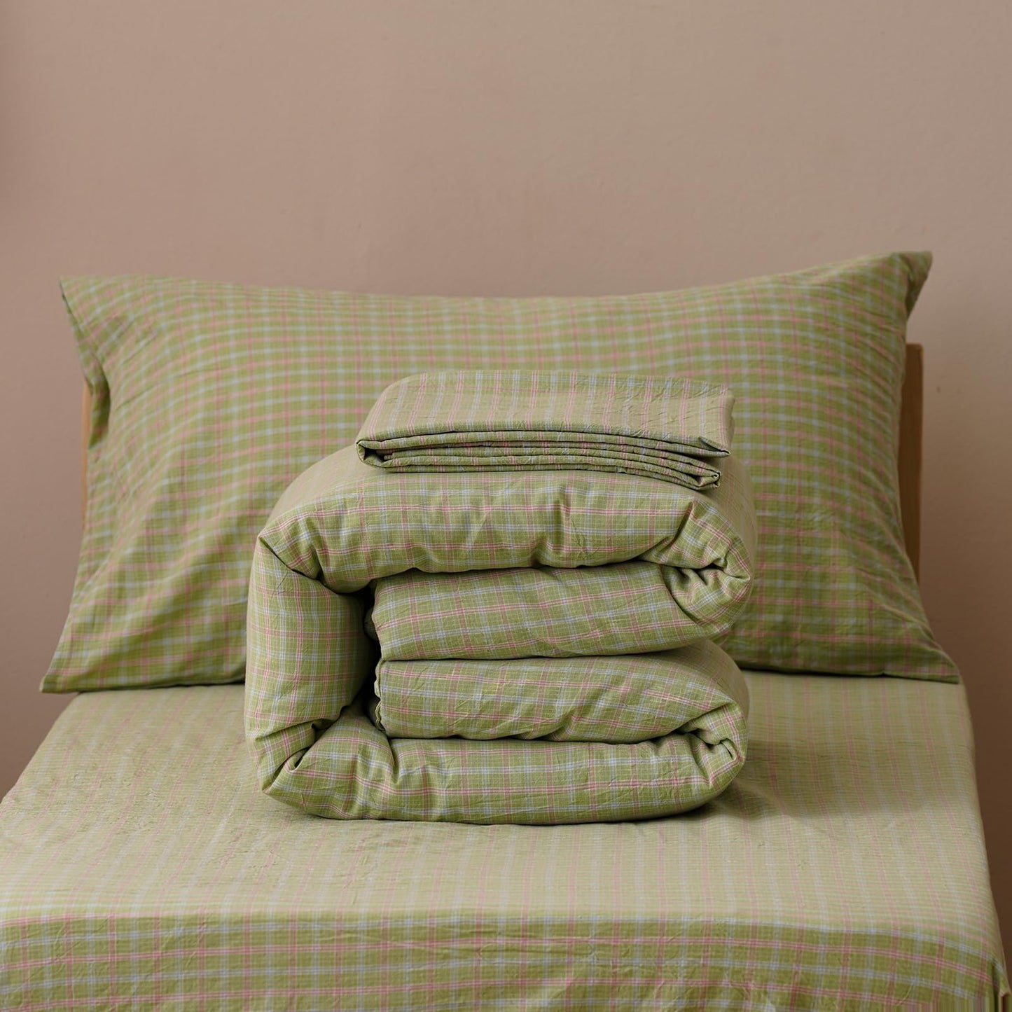KAREVER Cotton Toddler Bedding Set Light Green Checkered 4 Pieces Grid Crib Bed Set Kids Washed Cotton Pliad Comforter Set