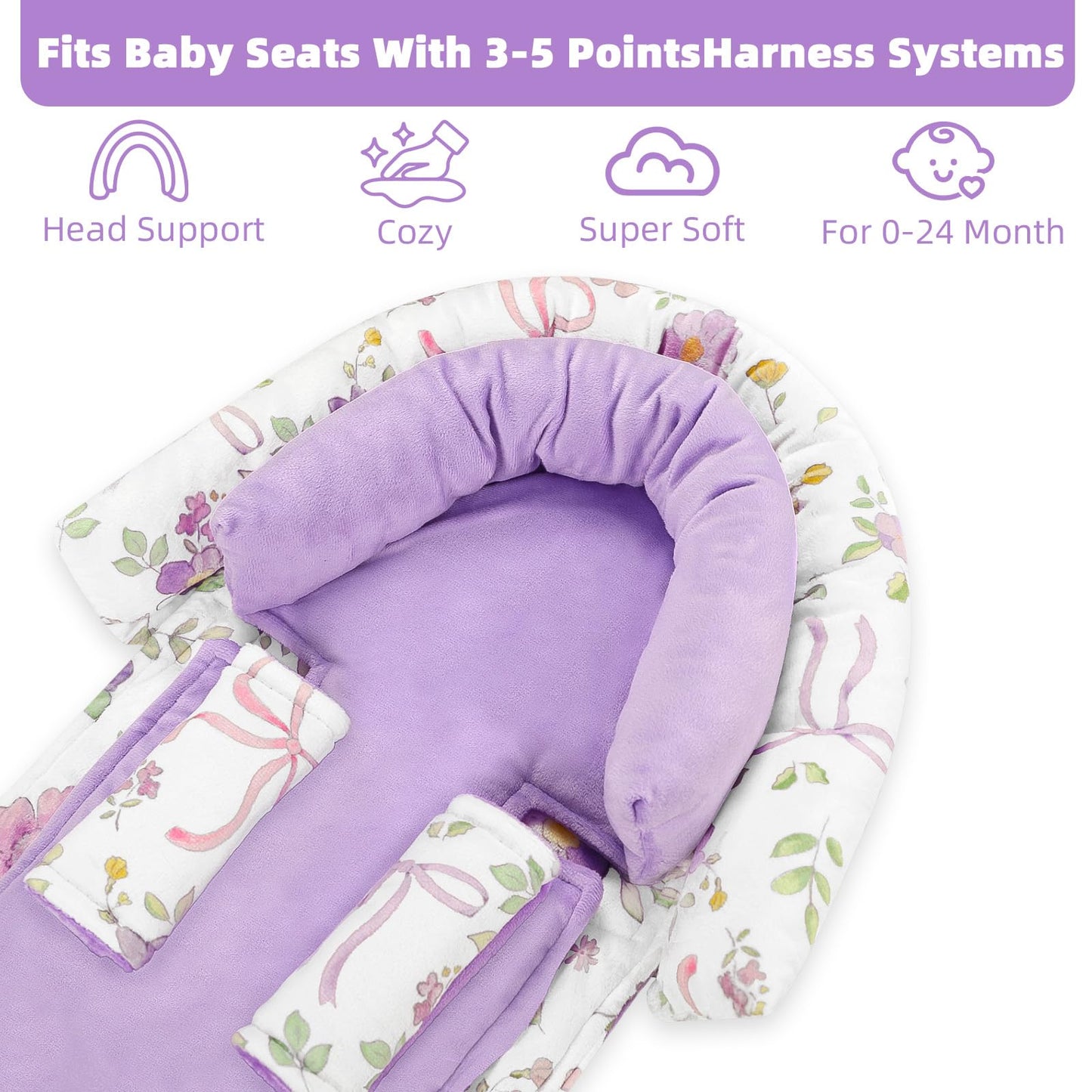 SWESEN Infant Car Seat Insert & Strap Covers, Car Seat Head Support for Baby Girls, 2 in 1 Soft Plush Car Seat Insert for Newborns, for Infants Aged 0-12, Purple Bow