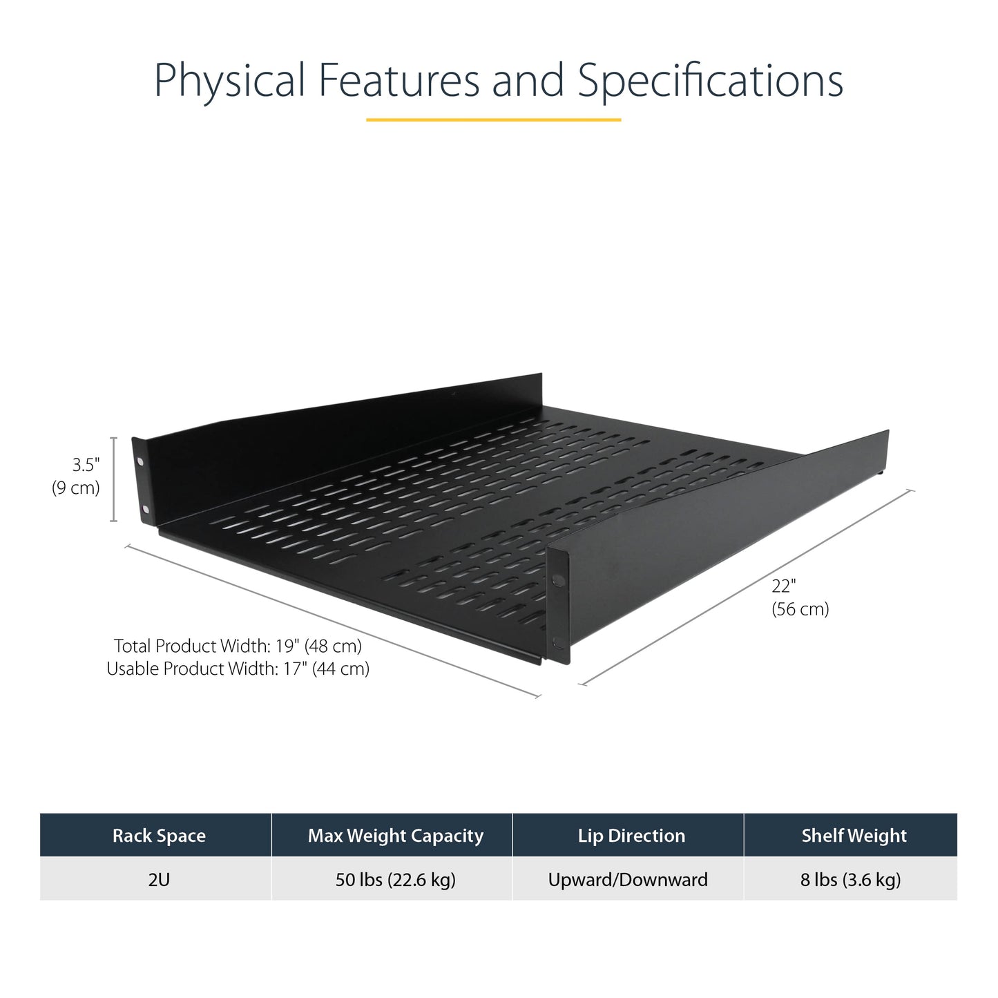 StarTech.com 2U Server Rack Shelf - Universal Vented Rack Mount Cantilever Tray for 19" Network Equipment Rack & Cabinet - Heavy Duty Steel - Weight Capacity 50lb/23kg - 22" Deep Shelf (CABSHELF22V)